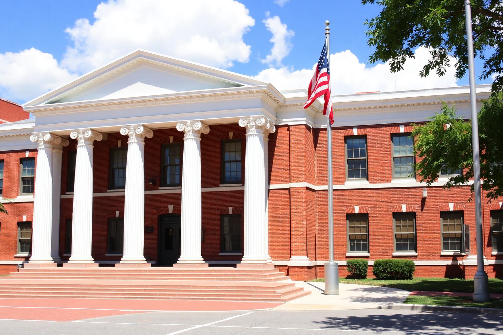 American municipal government building with columns and a United States flag
