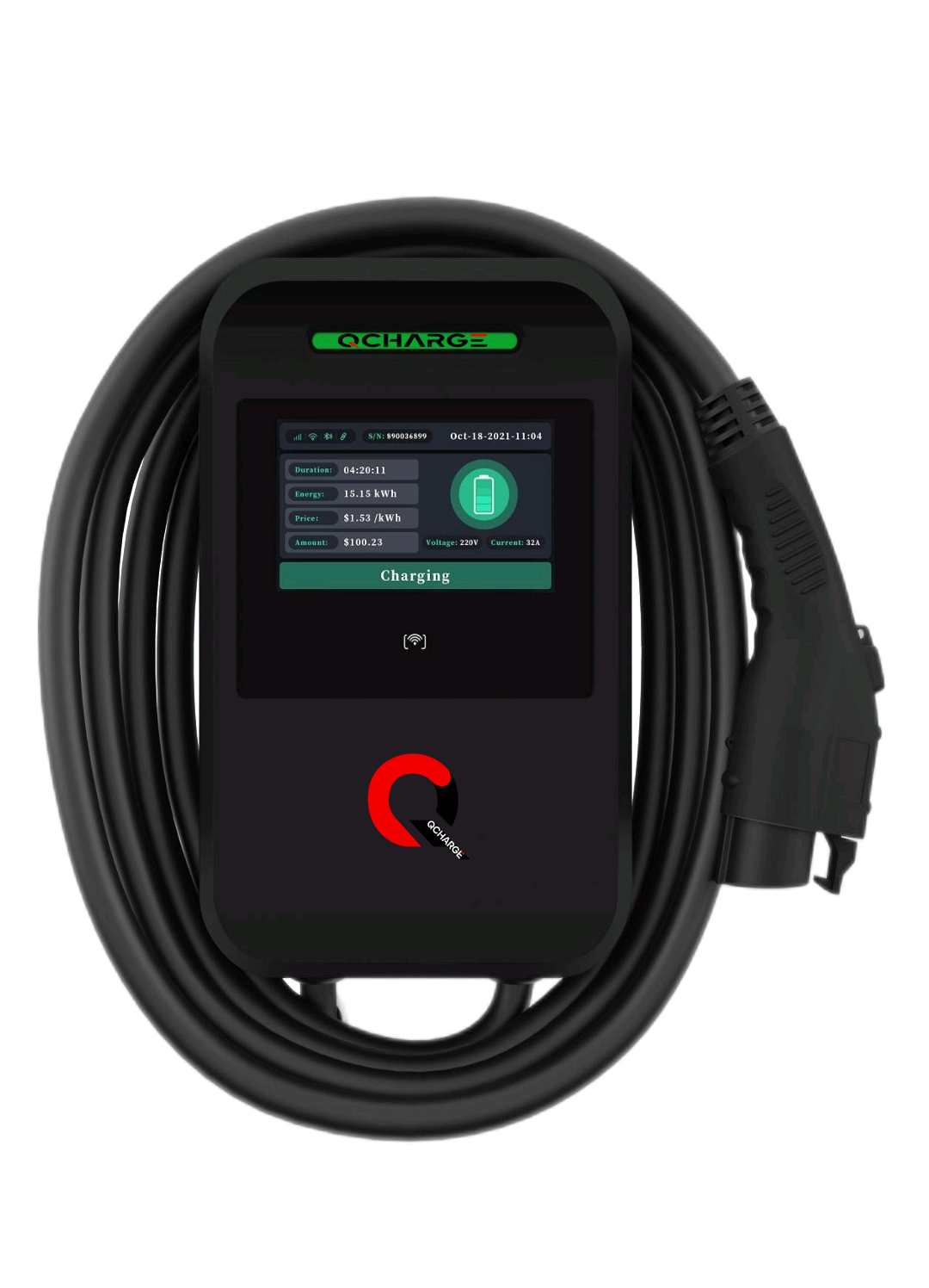 QCharge QAC2-BC networked Level 2 AC charger with coiled connector cable