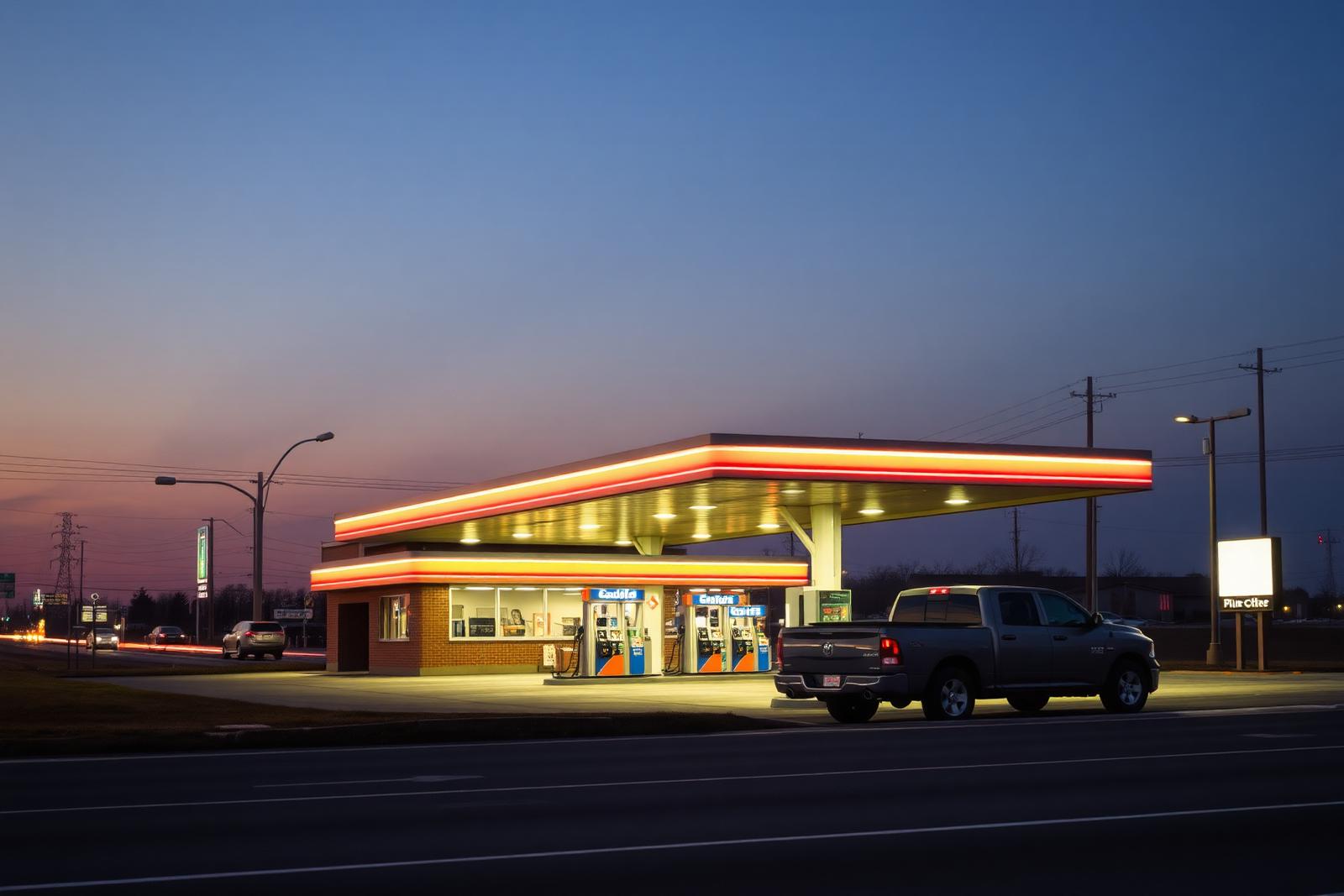 American highway gas station with a lit canopy at dusk