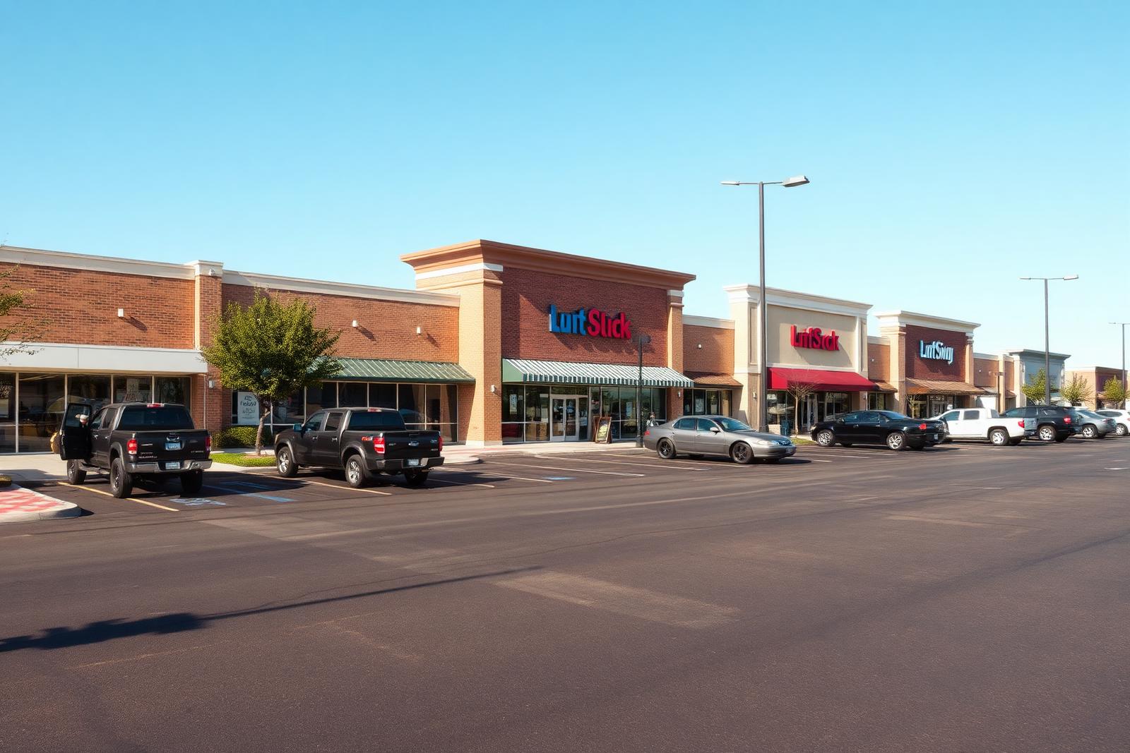 American shopping plaza storefronts with a large asphalt parking lot