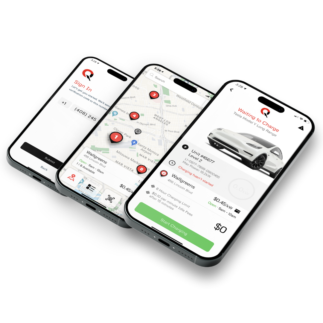 QCharge mobile app screens: sign in, station map, and live charging session