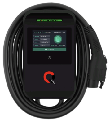 QAC2-BC wall-mounted Level 2 charger with color display and coiled Type 1 cable