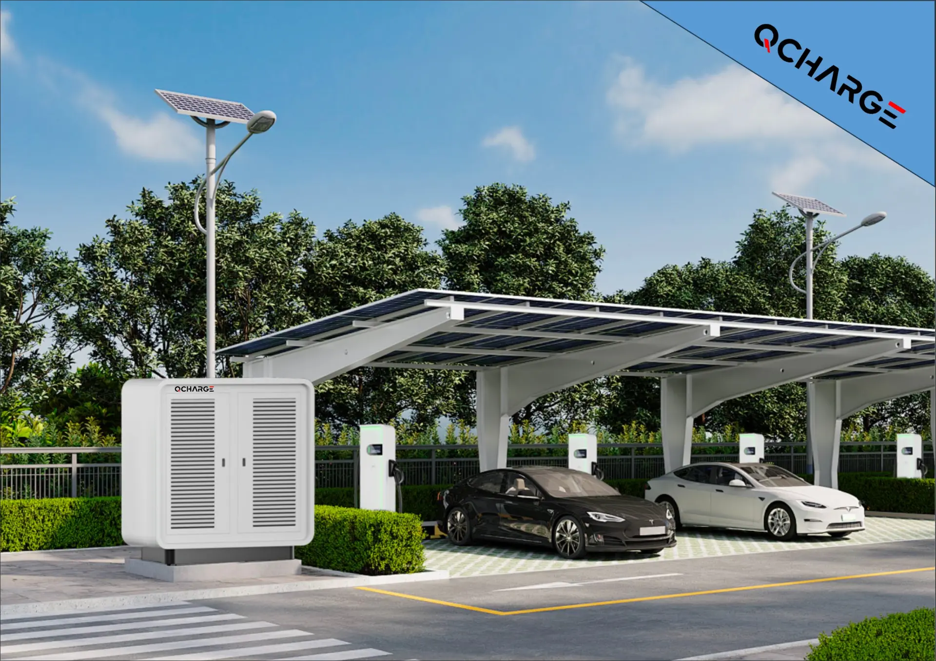 QCharge solar carport with DC fast chargers and battery cabinet charging two electric cars