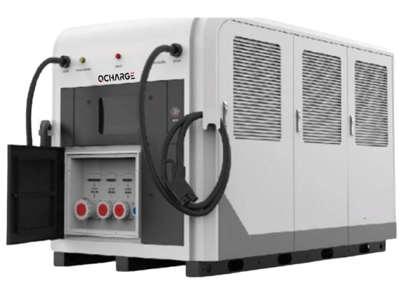 QCharge QiTrailer mobile DC fast charging cabinet with dual cables and industrial power outlets