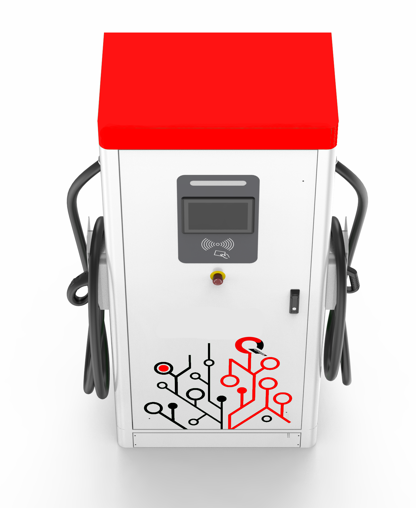 QCharge dual gun DC fast charger with red canopy and card reader