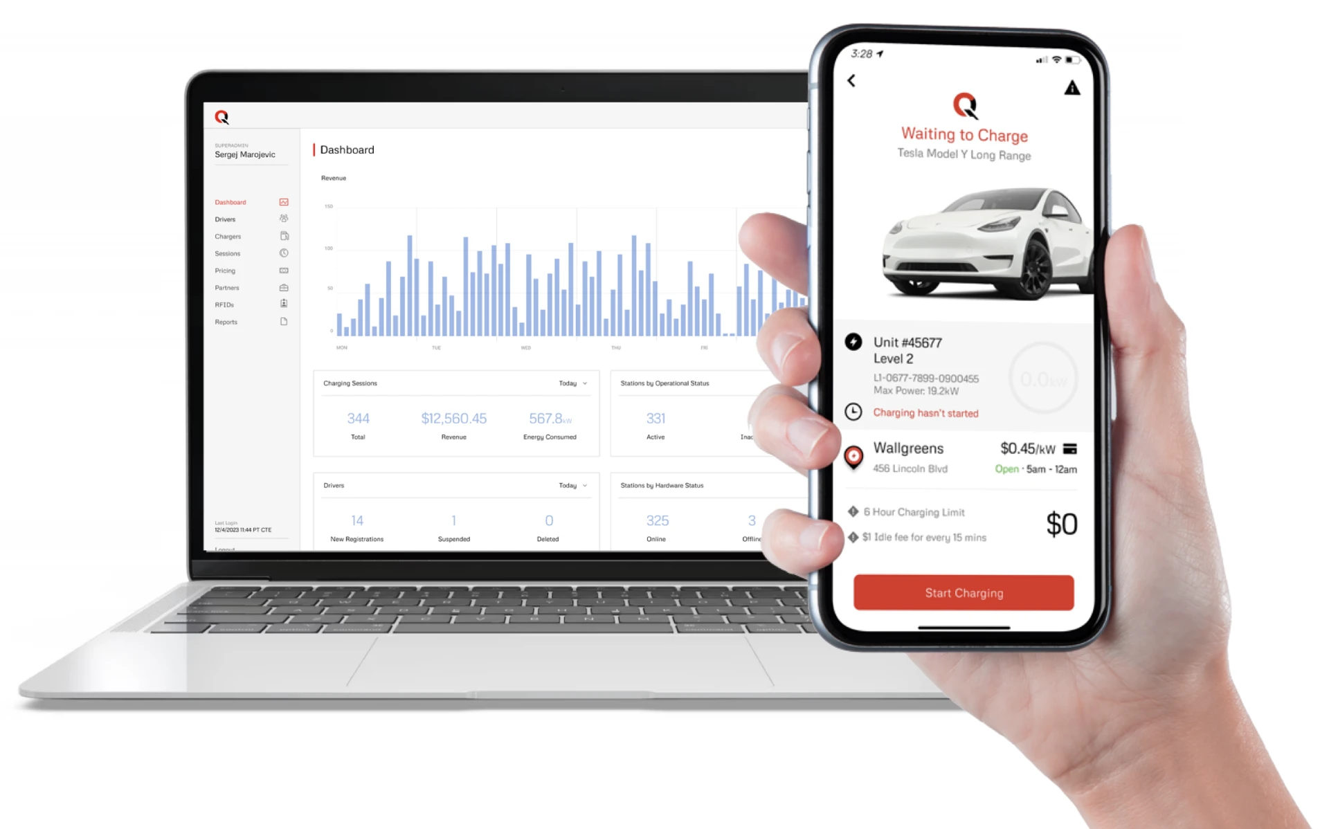 QCharge admin dashboard on a laptop next to the QCharge driver app on a phone