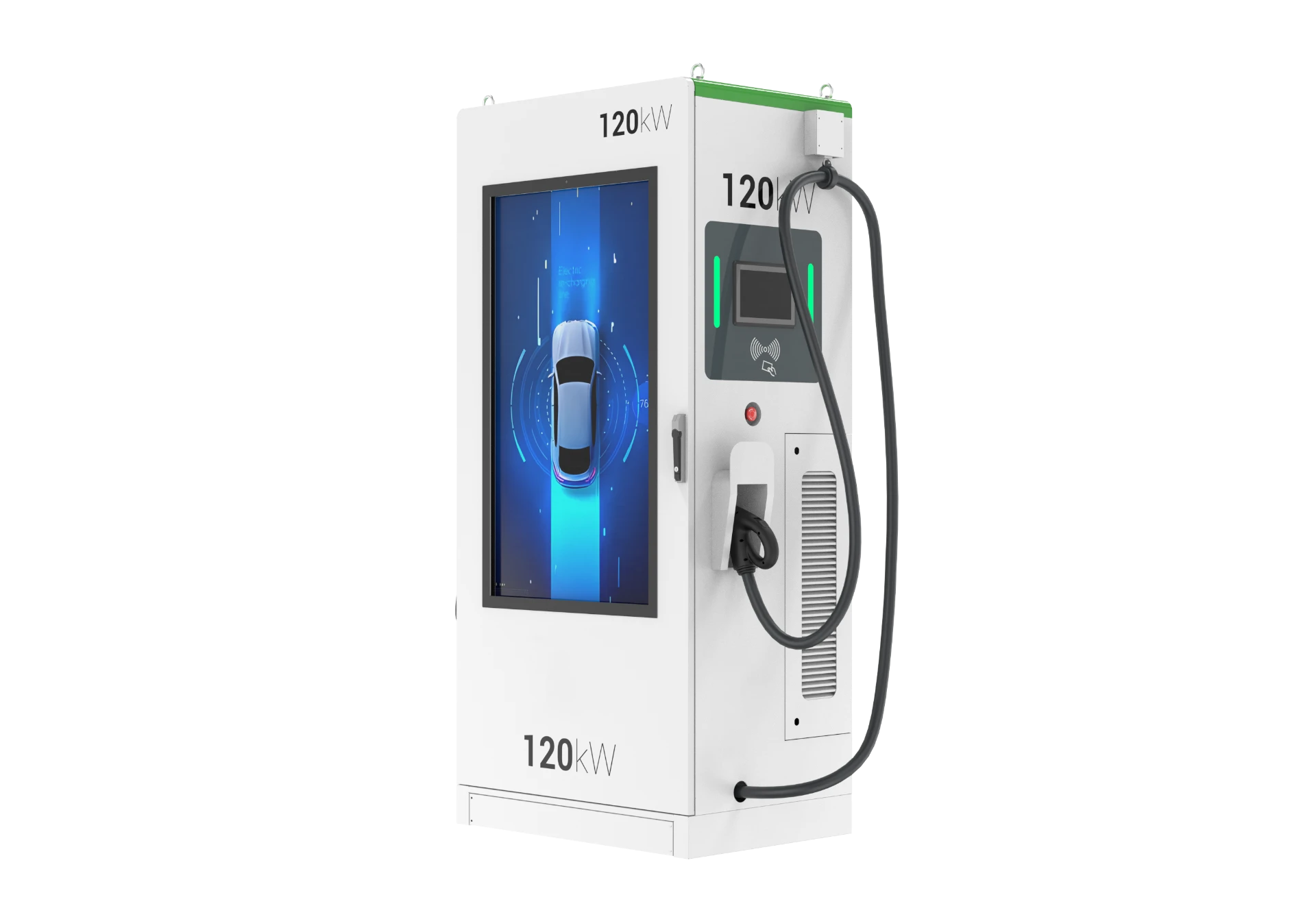 120 kW DC fast charger with vertical marketing display