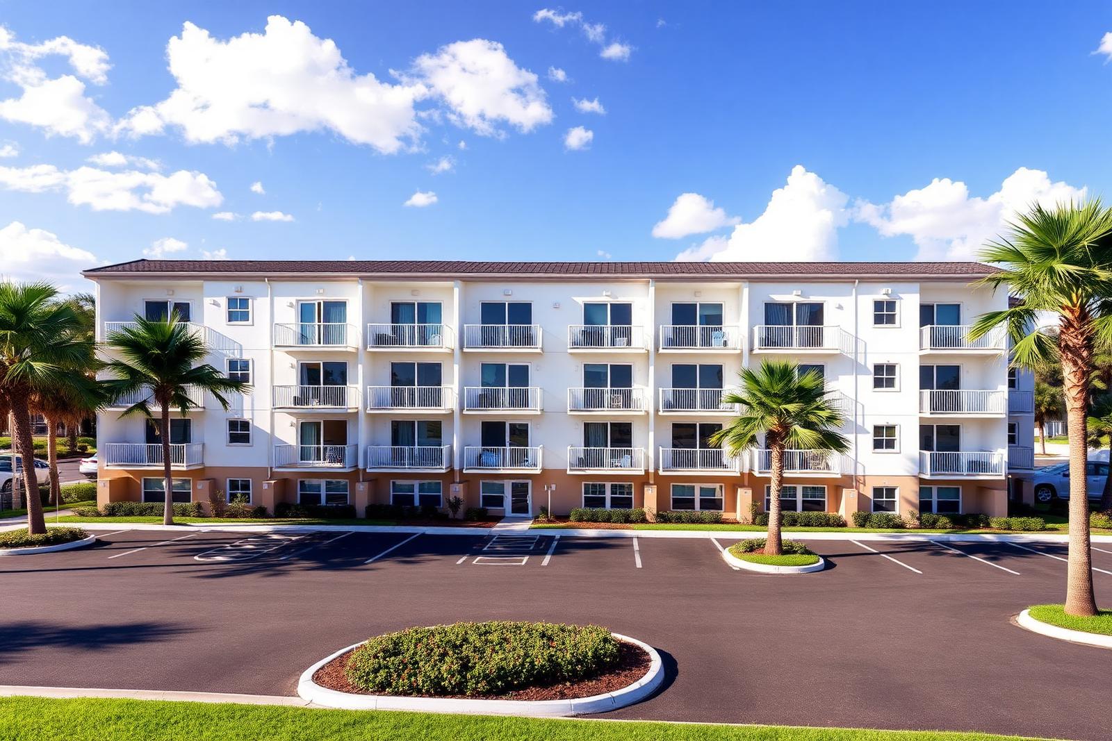 American apartment community with balconies and a surface parking lot