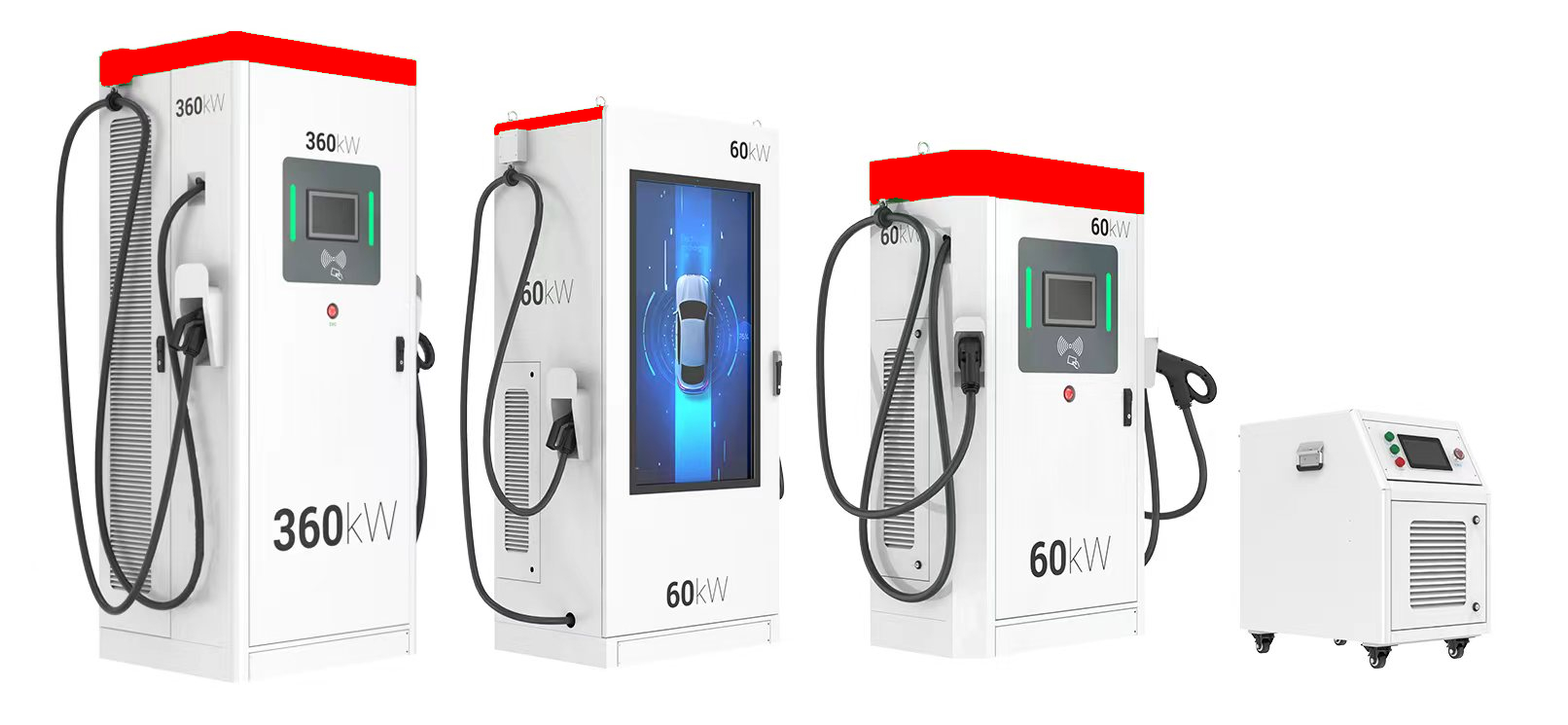 QCharge Q-DCFC-W lineup from 60 kW to 360 kW DC fast chargers side by side